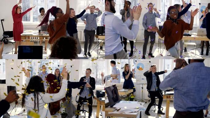 健康的民族工作。有趣的快乐不同的商业女性在办公室跳五彩纸屑舞庆祝。
