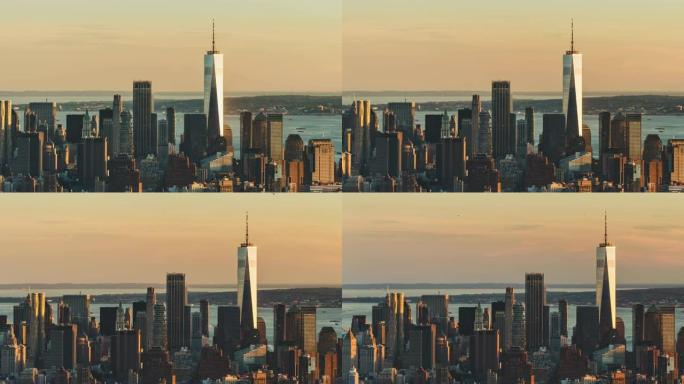 纽约市日落时曼哈顿市中心的T/L PAN鸟瞰图