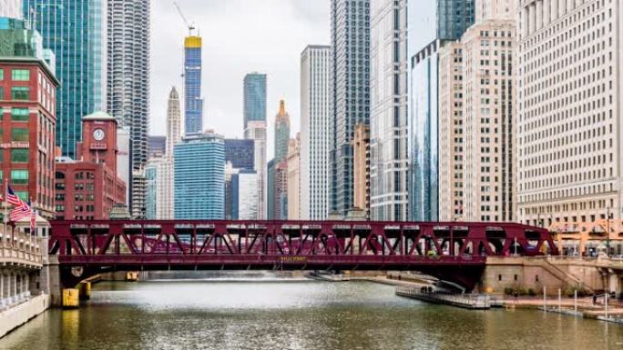 带有建筑物和桥梁的芝加哥河的时间流逝