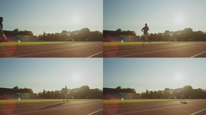 阳光明媚的下午，运动残疾人健身男子正在户外体育场训练。截肢者在体育场跑道上慢跑。励志体育镜头。从后面