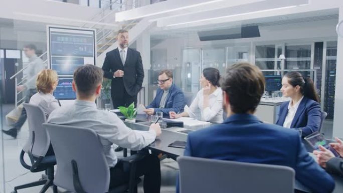 在公司会议室中: 具有超凡魅力的董事使用数字交互式白板向高管，律师和投资者的董事会进行演示。屏幕显示