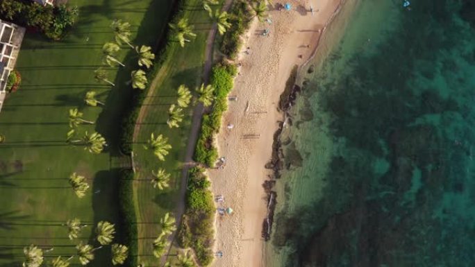 阳光明媚的夏日，夏威夷热带白色沙滩度假胜地的俯视图