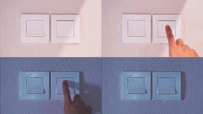 近距离关闭家里的灯。使用后，手指按压关闭电灯开关，节约能源。拯救世界，节约能源理念。