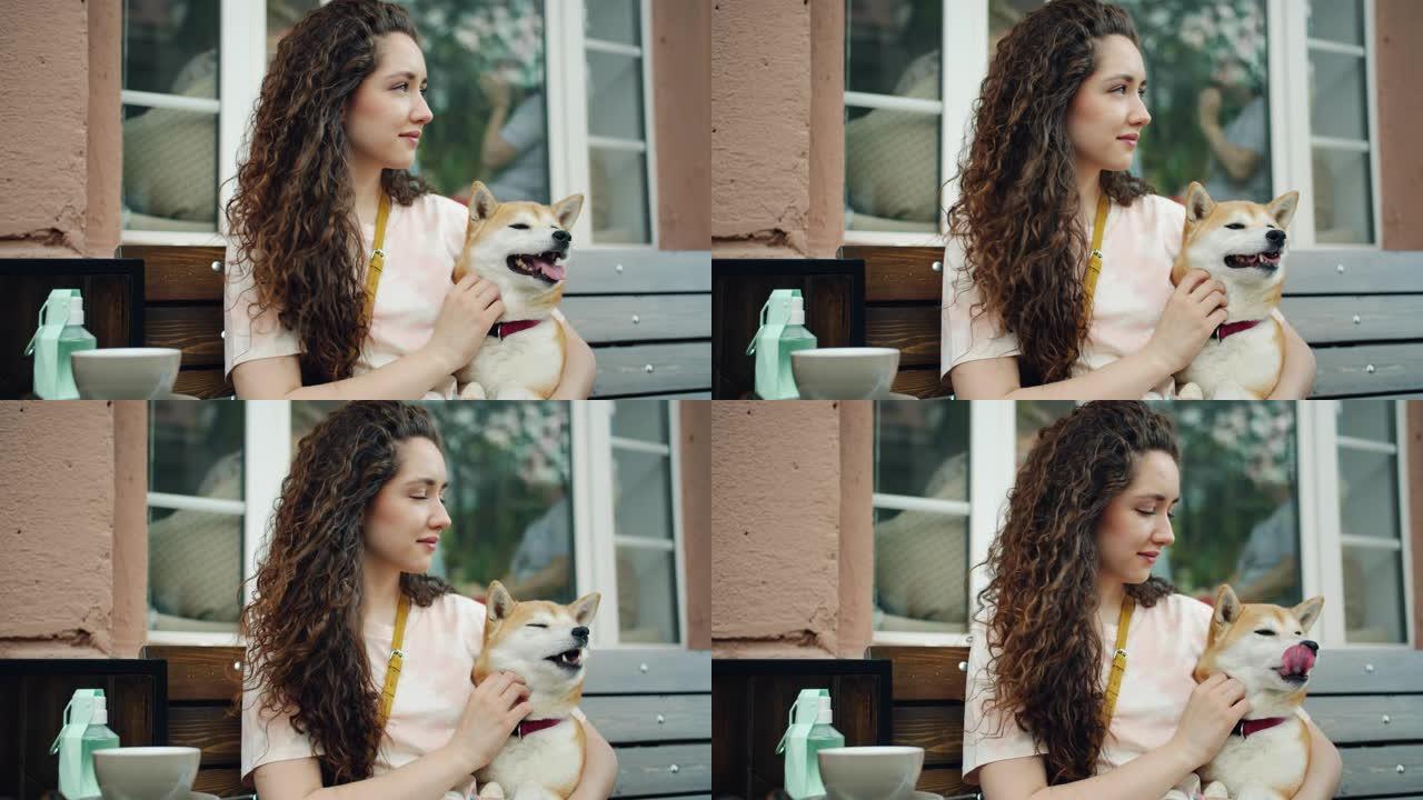 漂亮女孩拍拍可爱的柴犬在街头咖啡馆坐在长凳上