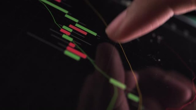 特写商人手指在数字平板电脑和计算机上处理股市数据图