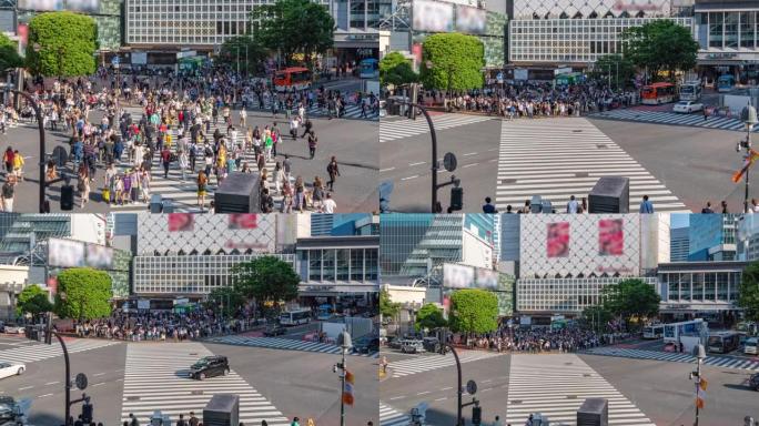 在日本东京的Shibaya crossing，人群和交通工具的延时移动