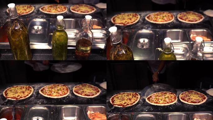 厨师准备披萨烹饪的起重机镜头