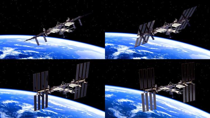 国际空间站在地球上空飞行并旋转其太阳能电池板