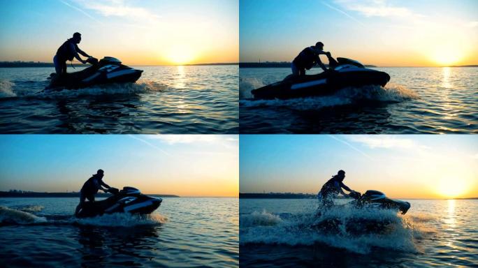 一名男子在水上摩托艇上开车，特写。