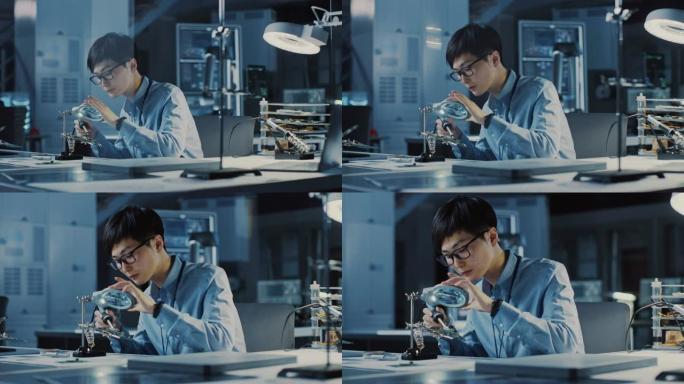 穿着蓝色衬衫的专业日本电子开发工程师正在用现代计算机设备在高科技研究实验室中焊接电路板。