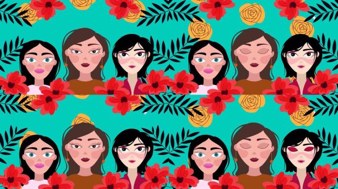 美丽的女人和花卉花园图案动画