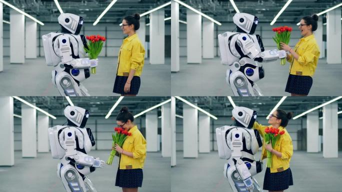 高大的机器人正在给一个兴奋的女孩送花
