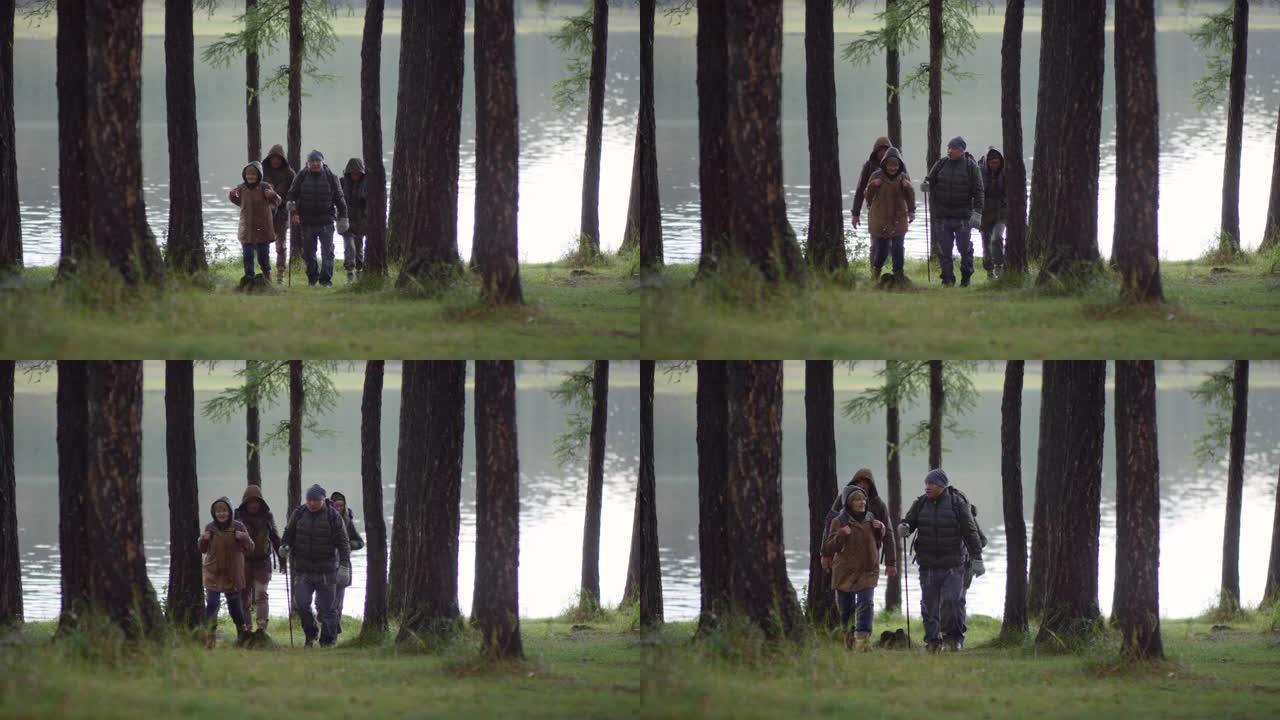 高级徒步旅行者在雨中穿越森林