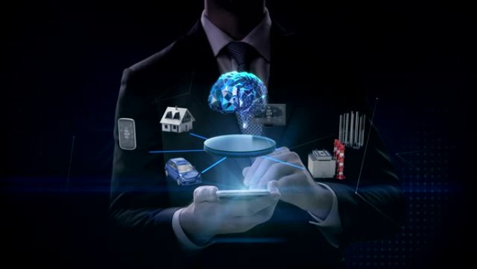 商人触摸智能手机，移动，智能房子，工厂，建筑，汽车，移动，互联网传感器连接 “数字大脑”，4k电影。