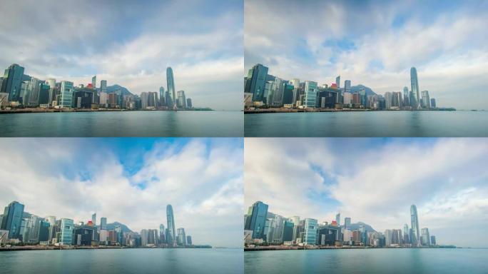 多云天空中海滨香港市容的延时。