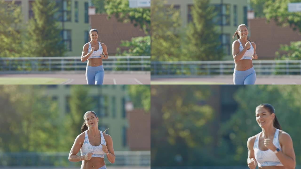 穿着浅蓝色运动上衣和打底裤的快乐微笑健身女子在体育场慢跑。她在一个温暖的夏日下午跑步。运动员在赛道上