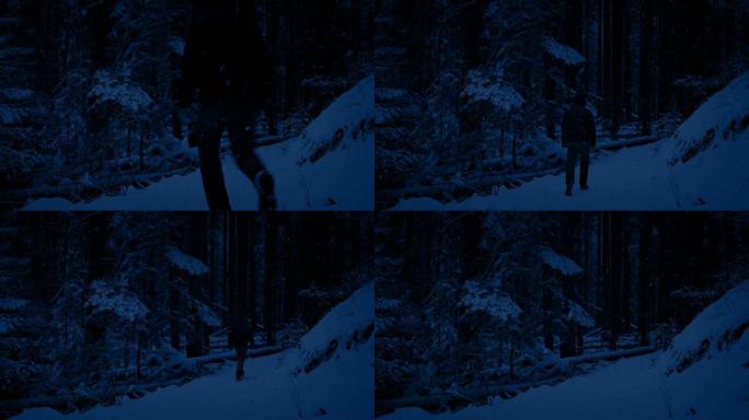 男人晚上在白雪皑皑的树林中行走