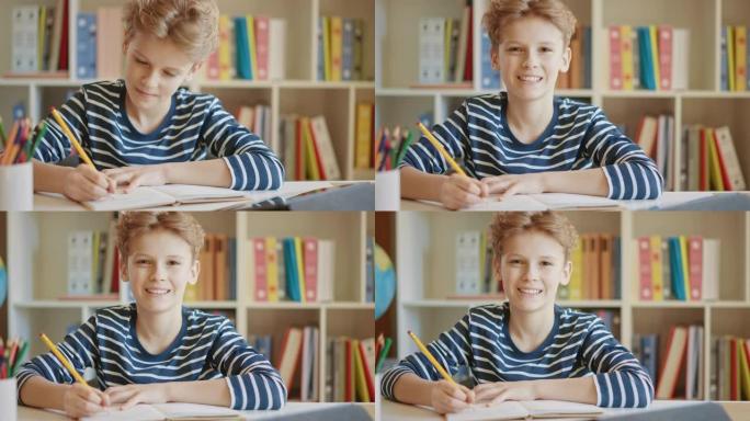 聪明的小男孩使用笔记本电脑进行学习，写下有用的信息。看着相机，微笑。远程学习、电子教育、电子学习、家