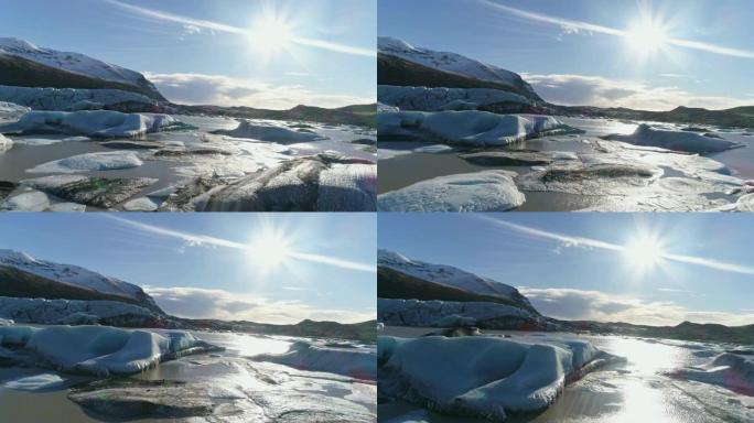 WS的阳光照耀着冰岛的雪山和acy海洋