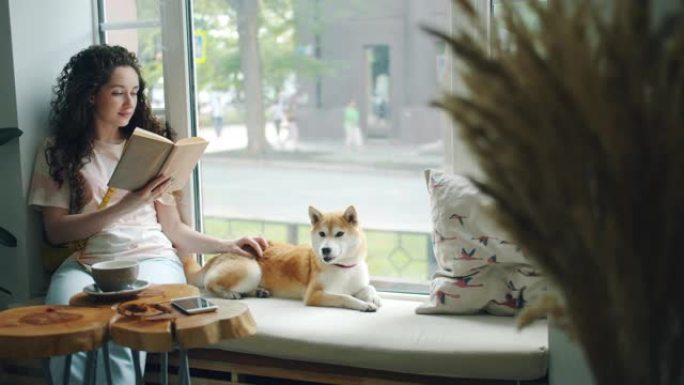 漂亮的女孩在窗台上的咖啡馆里抚摸柴犬和看书
