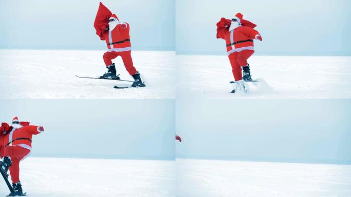 圣诞老人去滑雪，特写。