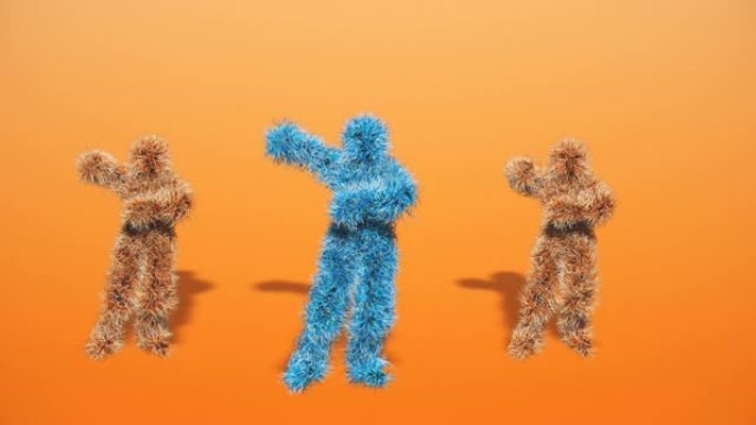 三个有趣的多毛彩色人物在橙色背景下跳舞江南风格