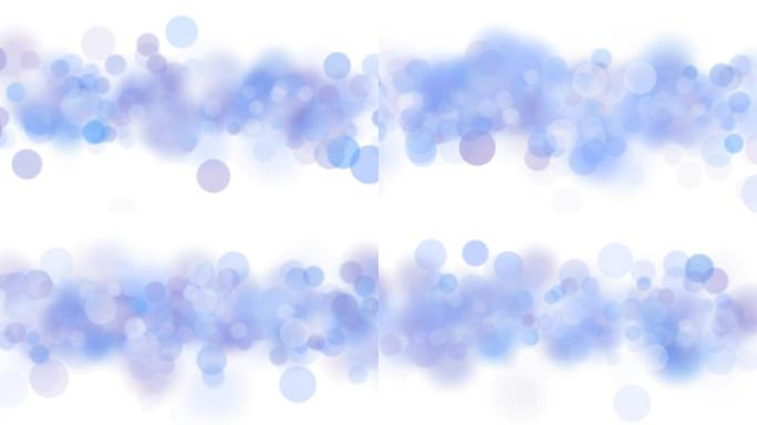 蓝色Bokeh圆圈在白色的无缝背景动画中飞行。环状蓝色模糊闪烁粒子。