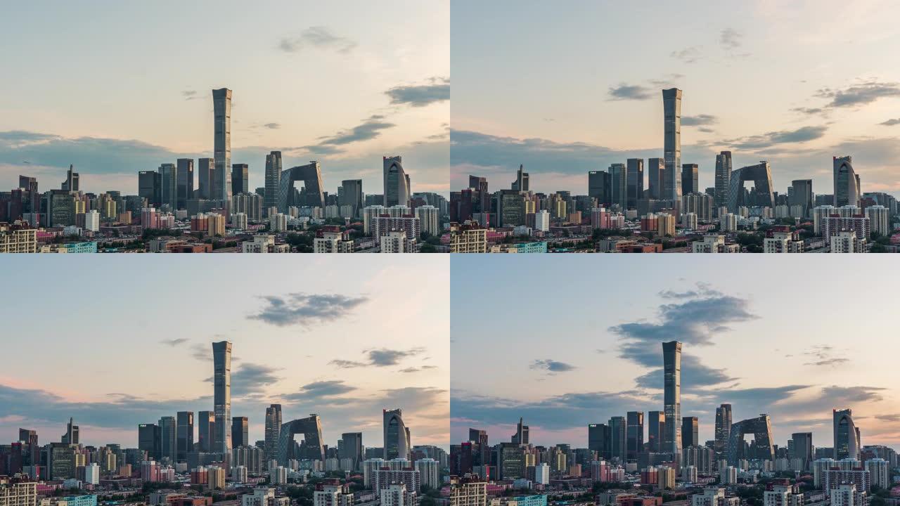 日落时北京天际线和市中心的T/L鸟瞰图/中国北京