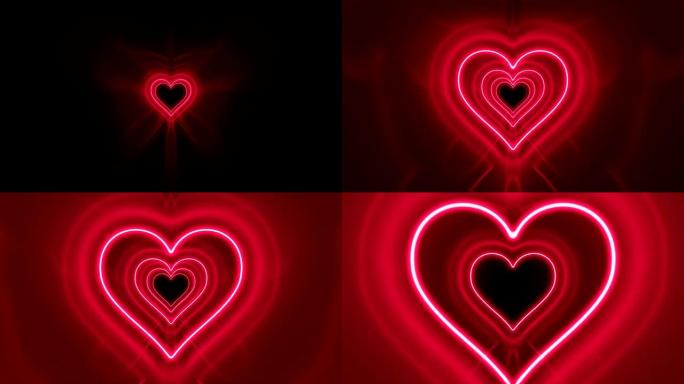美丽浪漫抽象隧道心形霓虹灯无缝移动。红色亮色未来背景发光。循环3d动画艺术概念。
