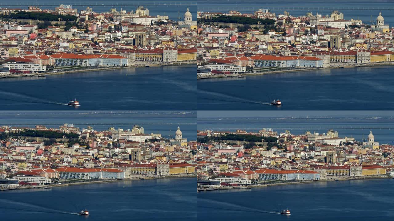 漂浮在塔霍河水域表面的渡轮。葡萄牙里斯本旧城景观