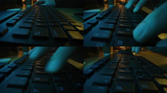 特写移动微距拍摄: 人使用鼠标，在电脑键盘上打字。工作，写电子邮件，使用互联网。晚上的绿色和蓝色