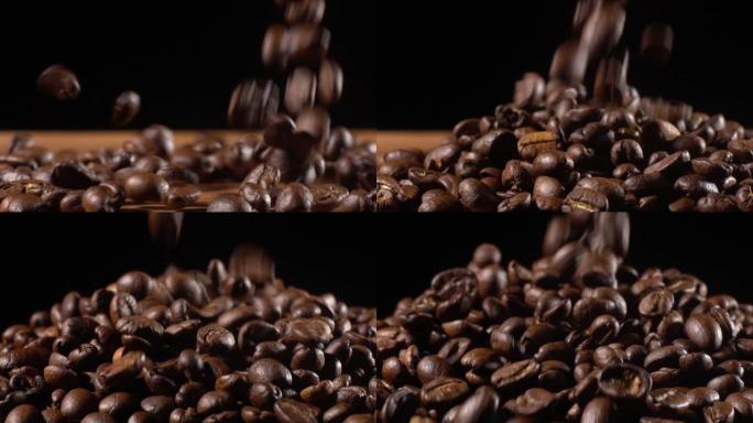 咖啡豆掉落在木制和黑色背景上