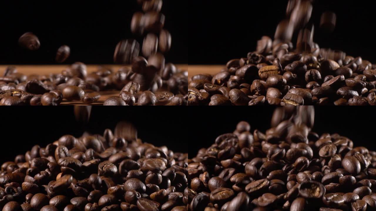 咖啡豆掉落在木制和黑色背景上