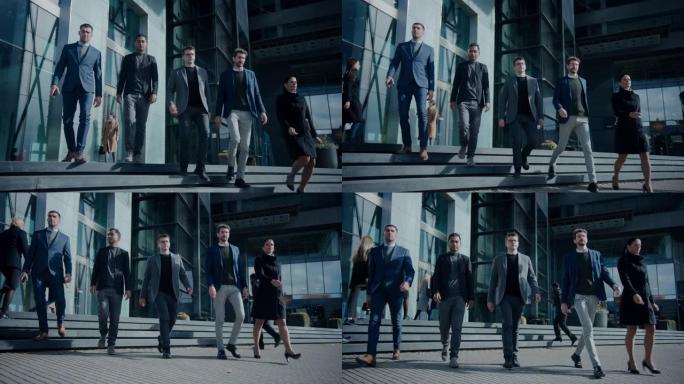 多元文化的办公室经理和商人走在镜头前。他们看起来聪明而成功。行人穿着得体。商业部走在市中心。