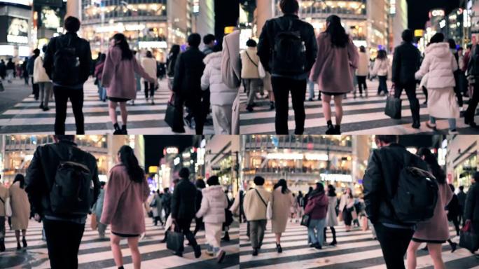 涩谷夜间争夺路口背影慢镜头时光匆匆回忆时