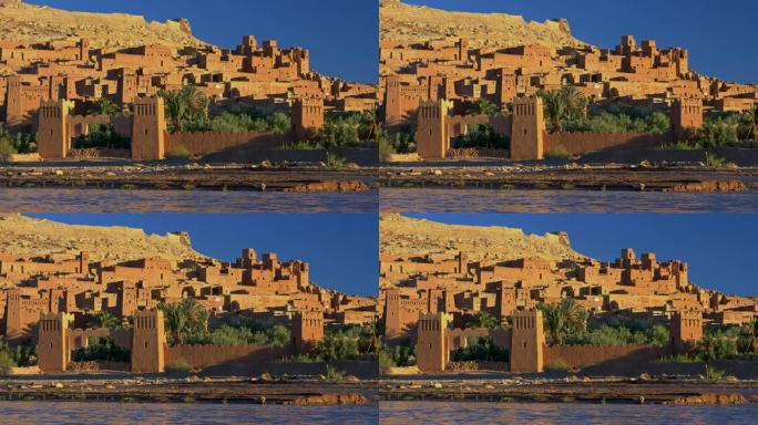 Ait-Ben-Haddou的ksar的石塔和建筑物-一个古老的防御工事村庄，沿着当今摩洛哥撒哈拉沙