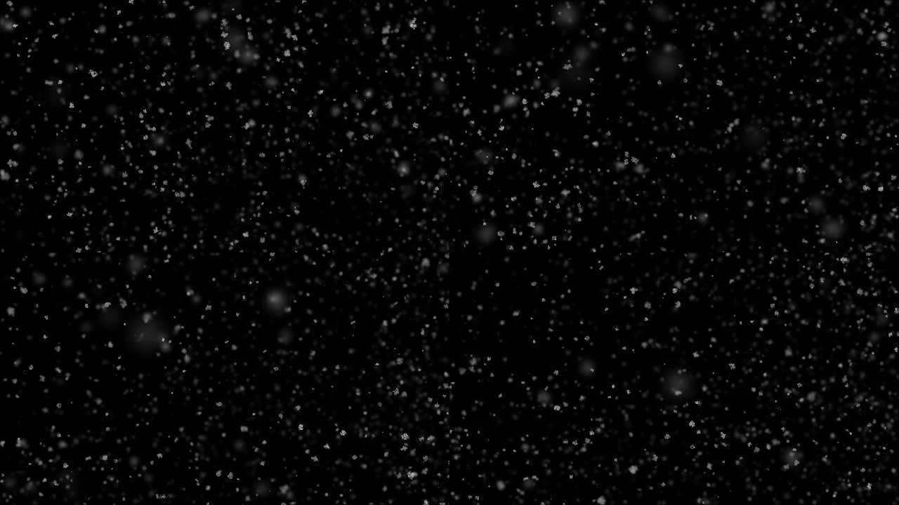 黑色背景上的降雪侧风无缝吹来。慢动作循环3d动画。阿尔法哑光。