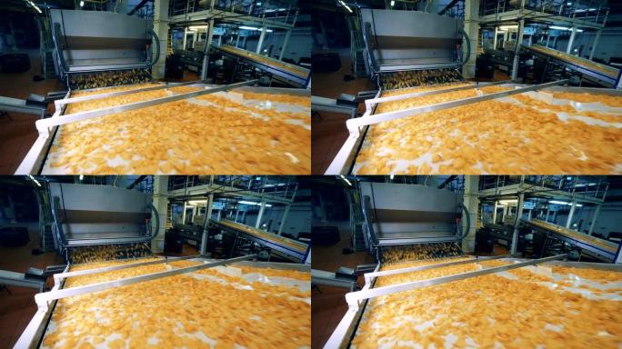 食品工厂的输送机可以移动许多薯片。