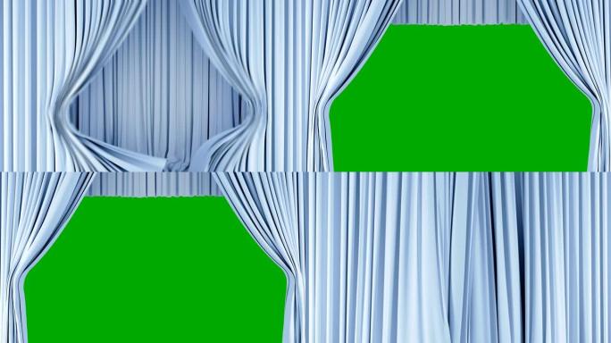 经典戏剧浅蓝色抽象窗帘开启，升起，绿屏关闭。3d动画剧场舞台幕与阿尔法面具。