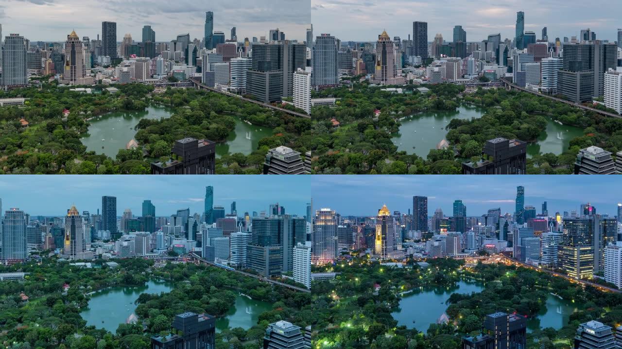 泰国隆皮尼公园曼谷天际线的昼夜延时鸟瞰图