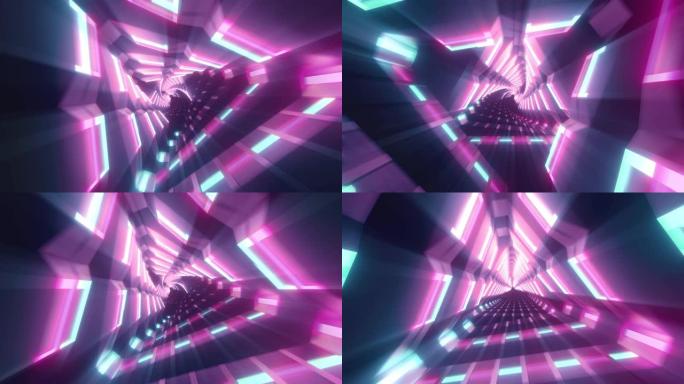 飞过金属发光的旋转霓虹灯三角形创造隧道，蓝色红色粉色紫色光谱，荧光紫外线，现代七彩照明，4k无缝循环