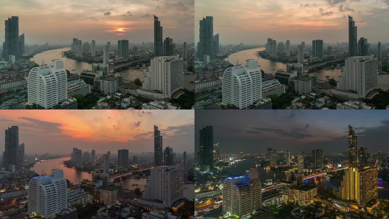 曼谷城市景观河边的4k时间流逝，日落时分，带日夜概念，带缩放技术