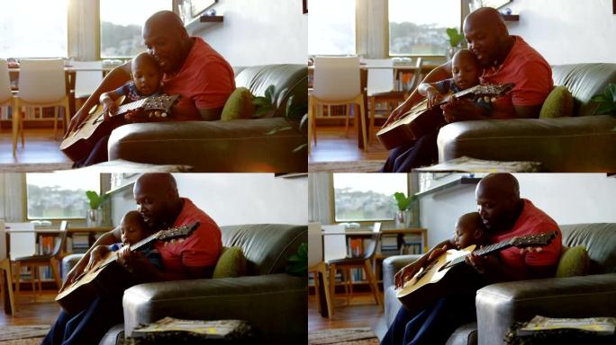 父亲在家教儿子弹吉他4k
