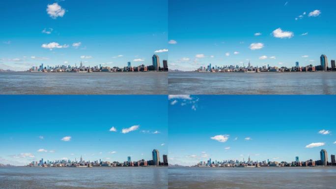 WS Time lapse sunny city天际线和河流，纽约，美国