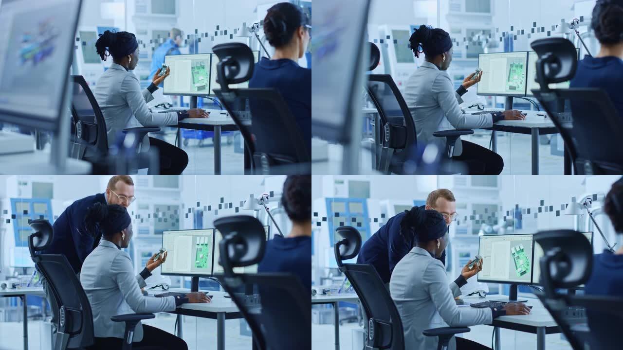 现代电子工厂: 男经理与一位使用cad软件在计算机上工作的女电气工程师交谈。开发印刷电路板、微芯片、