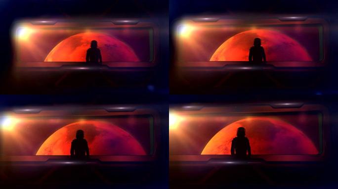 宇航员在一艘接近火星的船的舷窗处。