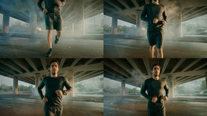 一个穿着运动服的疲惫的肌肉发达的年轻人在街上慢跑的特写镜头。他在城市环境中奔跑，背景是汽车。