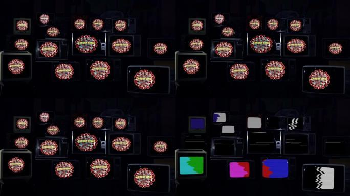 复古电视上的冠状病毒。冠状病毒大流行爆发概念视频。