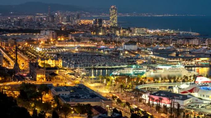 西班牙加泰罗尼亚巴塞罗那美丽的夜景。时间推移缩小巴塞罗那城市灯光和码头的拍摄。UHD, 4K