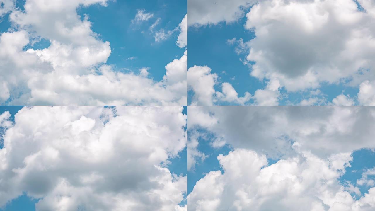抽象蓬松、蓬松的云景在空中时间流逝。蓝天白云背景延时。多云的天堂天气晴朗，夏天天气晴朗。高阳积云。